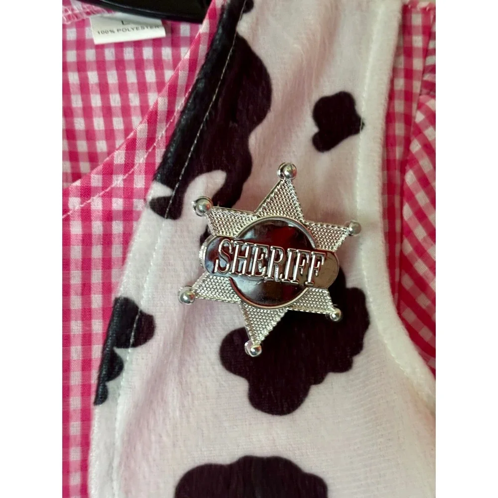 Girls Pink Cowgirl Western Sheriff Costume Gingham Cute Dress Cow Vest Hat Large